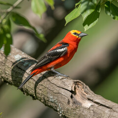 Scarlet Tanager perched on a weathered tree branch