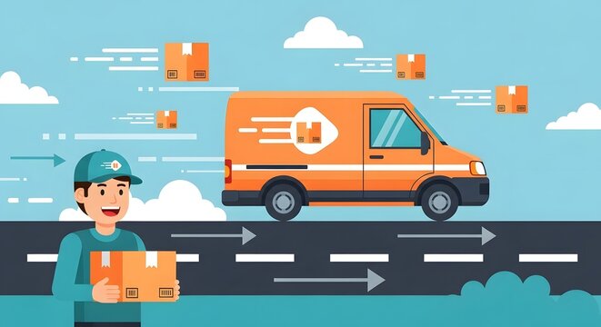Speedy Delivery Service: A happy delivery driver holds a package, his van speeding down the road, delivering packages quickly and efficiently.