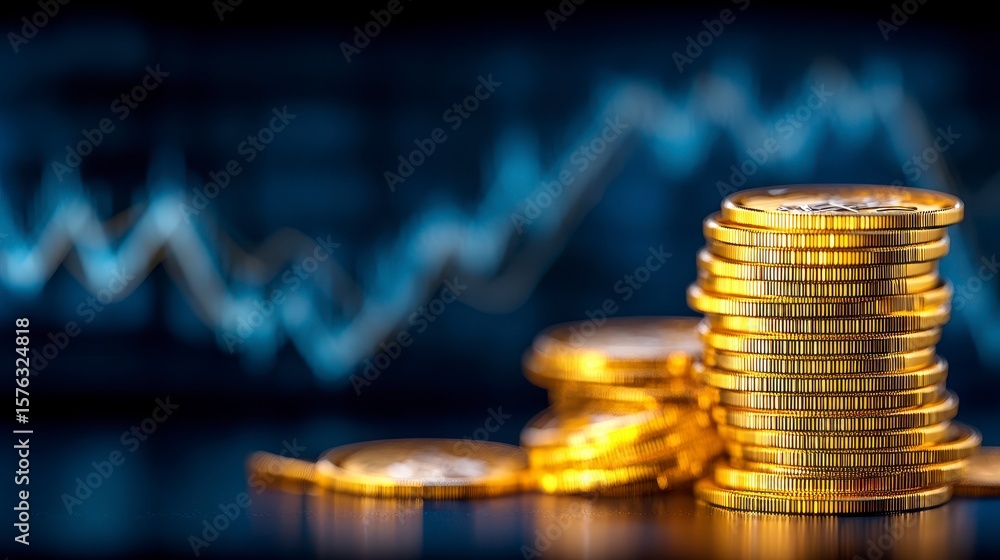 Poster stacks of golden coins against a background of a fluctuating stock market chart representing financi
