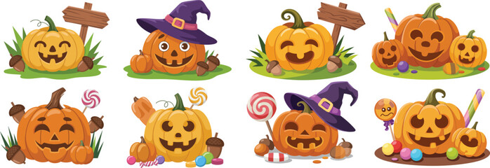 Cute halloween pumpkins with candy and acorns