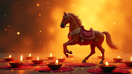 majestic horse rises warm golden light backdrop surrounded intricately decorated diyas vibrant indian textiles evoking