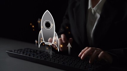 Startup launch and business growth concept, rocket symbolism, entrepreneurship, startup innovation,...