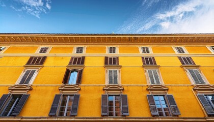 Obraz premium old yellow facade of house with beautiful vintage windows in retro italian european style side facade of and old palace in europe