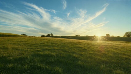 Obraz premium Endless Green Grass Landscape under Blue Sky