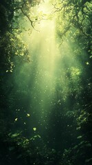 Obraz premium Sun Rays Streaming Through Lush Green Forest Canopy