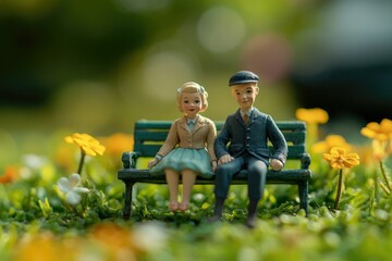 Fototapeta premium A miniature couple sits on a park bench, surrounded by yellow flowers in a sunny garden.