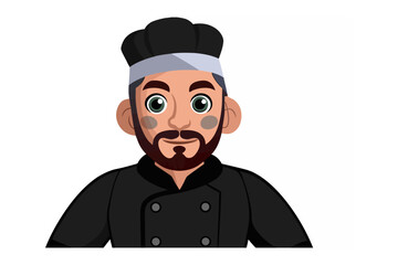 Chef Cartoon Illustration: A friendly cartoon chef with dark hair, beard, and a black chef's jacket. He's wearing a headband and has a pleasant expression. Perfect for food-related projects. 