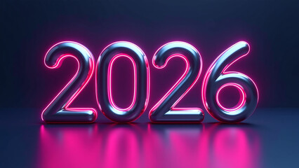 2026, radiant background features large bold numerals metallic silver bright pink hues set dark gradient deep