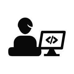 Silhouette of a young programmer working on a computer with coding symbols in a minimalist style