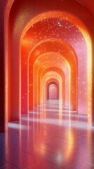 Walking Through Arches with Glowing Stars and Reflections