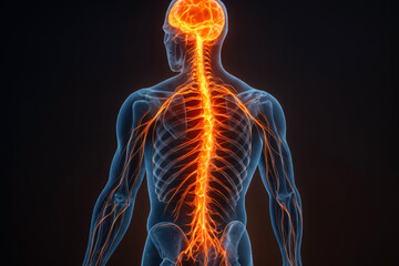 Rear View Illustration Of Human Nervous System Glowing With Brain And Spinal Cord Connections Visible
