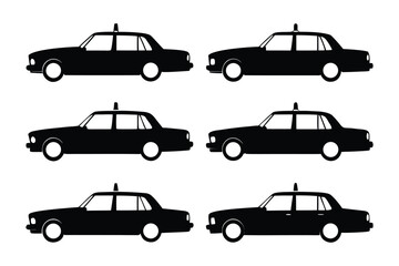 Silhouette of Taxi: A collection of classic black taxi silhouettes, perfect for illustrating urban transportation and city life, showcasing simple lines.