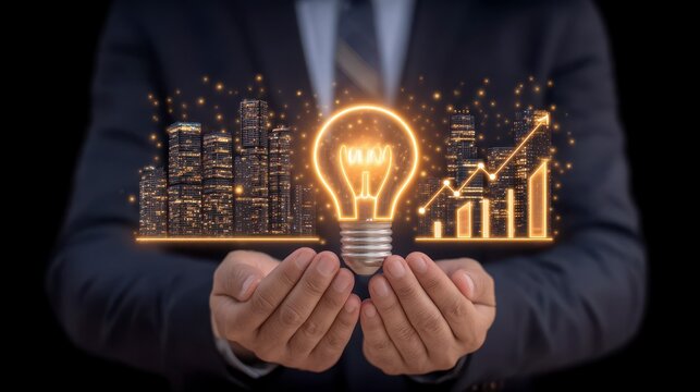 This captures the essence innovation symbolized by a glowing light bulb alongside key concepts strategy growth and business success which guide decision making in entrepreneurial ventures.