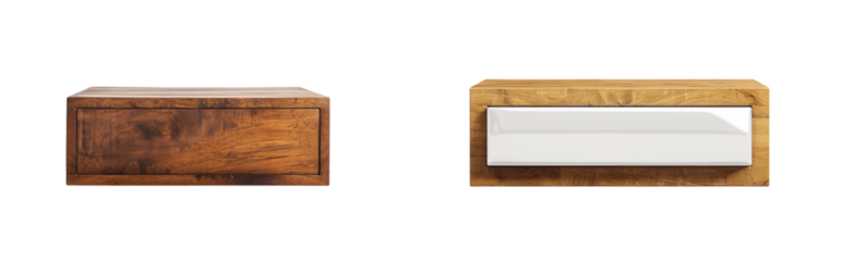 Modern Floating Nightstands Contrasting Wood Tones Drawer Styles on transparent background