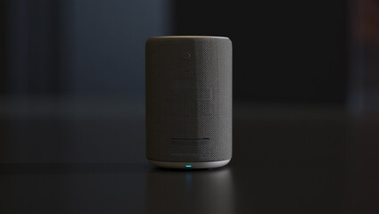 Modern cylindrical smart speaker with textured fabric exterior and glowing blue indicator light on a dark reflective surface