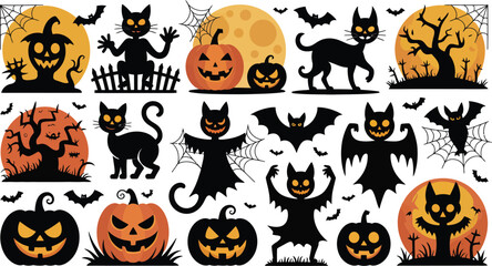 Halloween collection of spooky black silhouettes including pumpkins cats bats and trees