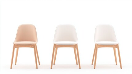 Living room Minimalist Furniture Set of minimalist dining chairs with wooden frames and upholstered seats, neutral colors, white background