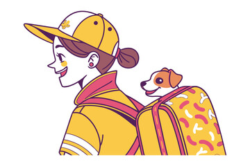 Joyful Journey: A Young Adventurer with a delightful pet, carried in a stylish backpack, embarks on a sunny day of discovery and adventure, a captivating scene bursting with warmth and optimism.