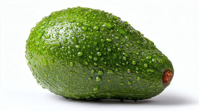 A beautifully photographed avocado, covered in refreshing water droplets, against a white backdrop.