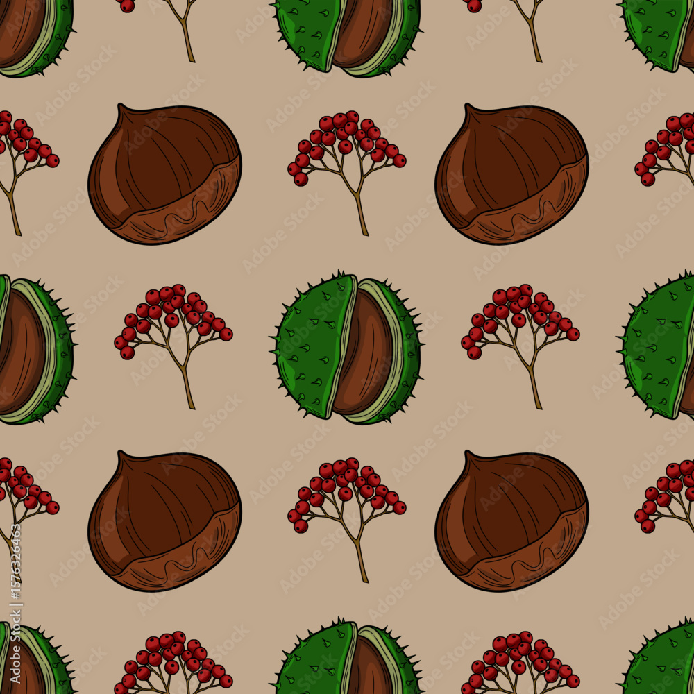 Poster seamless vector pattern of autumn chestnuts, opened chestnut shell and red berries on a beige backgr