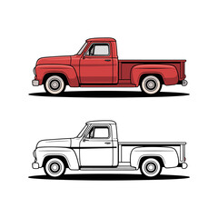 Classic Pickup Truck Illustration: A vibrant red classic pickup truck illustration, presented alongside a clean line drawing.