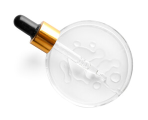 Cosmetic product and dropper in Petri dish on white background, top view