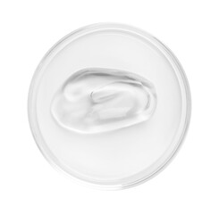 Cosmetic product in Petri dish isolated on white, top view
