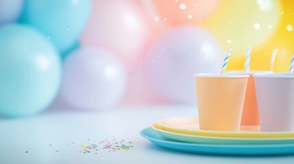 Rainbow Birthday and Celebration Theme Table setting for a rainbow themed birthday party, with colorful plates, cups, and decorations, festive and vibrant image