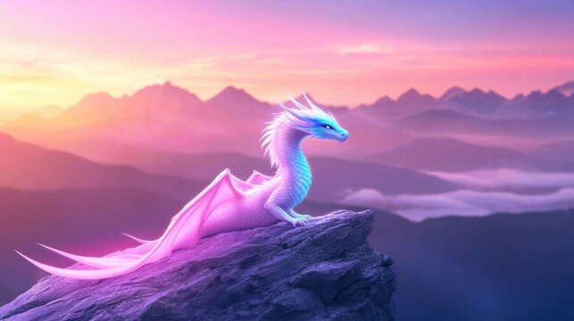 Rainbow Mythical Dragons Iridescent rainbow dragon with shimmering scales, perched on a mountaintop, mystical and ethereal illustration