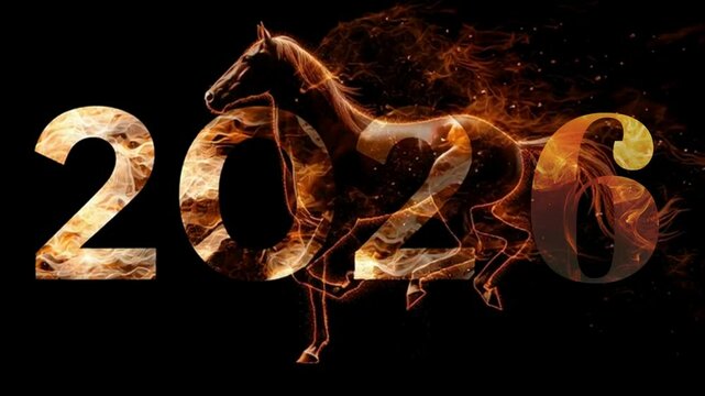 firely 2026 sign and chinese horse running and burning isolated over black background with golden flames; concept of new lunar year greeting card with copy space	
