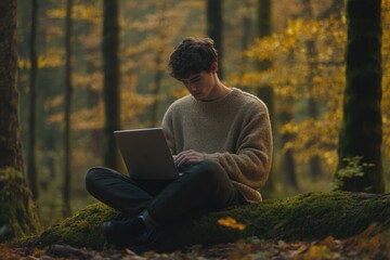 Obraz premium Young man working on laptop in autumn forest, enjoying nature and remote work.