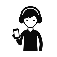 Silhouette of a young person listening to music with headphones and holding a smartphone in a minimalist style
