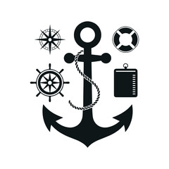 Nautical Elements in Monochrome: A collection of monochrome nautical elements, meticulously arranged, exuding a sense of maritime adventure, navigational precision, and maritime exploration.