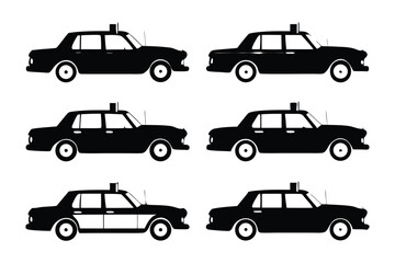 Fototapeta premium Taxi Fleet Silhouette: A sleek ensemble of taxi silhouettes, each a testament to urban transport, stands in a line, ready to navigate city streets with efficiency and style.