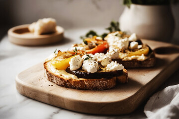 Freshly prepared breakfast toasts topped with vibrant vegetables and creamy cheese are presented on a wooden cutting board in a charming kitchen