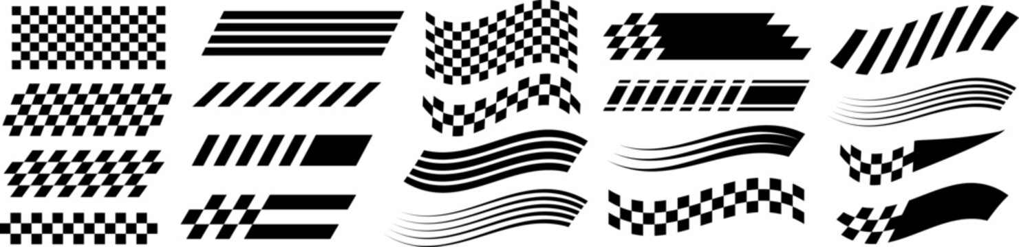 Racing stripes and checkered flags vector set. Dynamic black shapes for speed, automotive graphics, car decals, motorsport branding, and motion design themes. Vector EPS 10