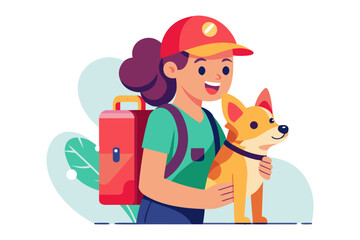A girl with a dog: A girl embraces her dog with love. The illustration style has bright colors that make people feel happy and energetic