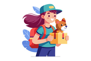 Caring Delivery: A cheerful individual with a backpack tenderly delivers a small, adorable puppy in a cardboard box. Capturing the bond of service and companion.
