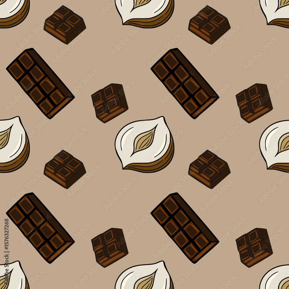 Poster seamless vector pattern of hazelnuts and chocolate bars in a hand-drawn style, featuring a unique li