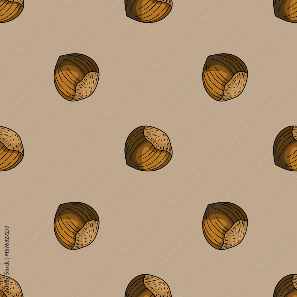 Poster seamless vector pattern of hazelnuts with gradient shading on a taupe background, featuring detailed