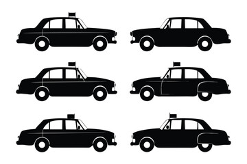 Taxi Fleet Silhouette: A set of black silhouette taxi cabs, presented in different angles, ready for seamless integration into various designs.