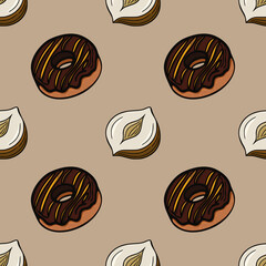 Seamless vector pattern featuring delicious chocolate glazed donuts with caramel stripes and halved hazelnuts on a muted taupe background, creating a sweet and nutty autumnal design.