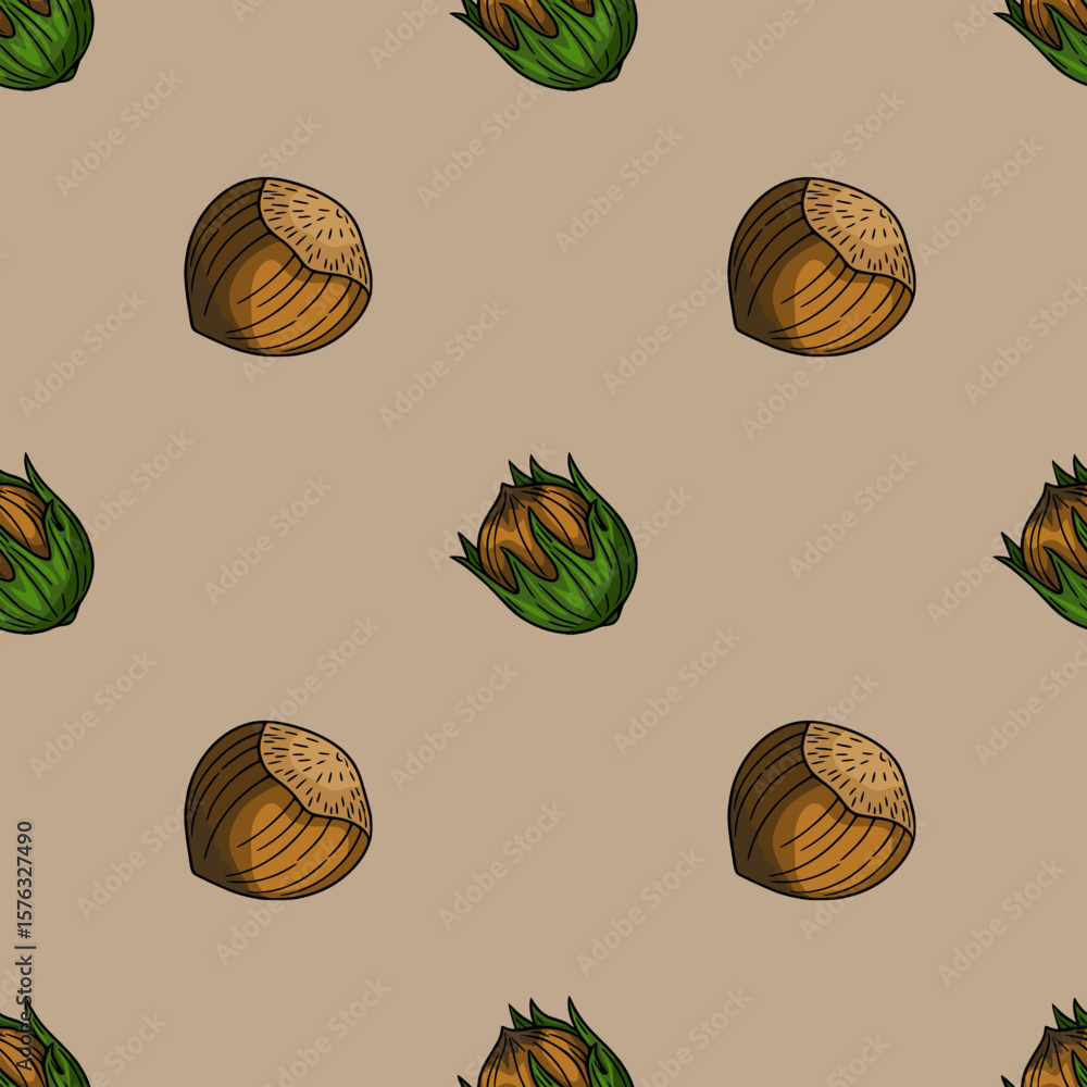Poster seamless vector pattern of hazelnuts in shells and husks, illustrated in a hand-drawn style with bro