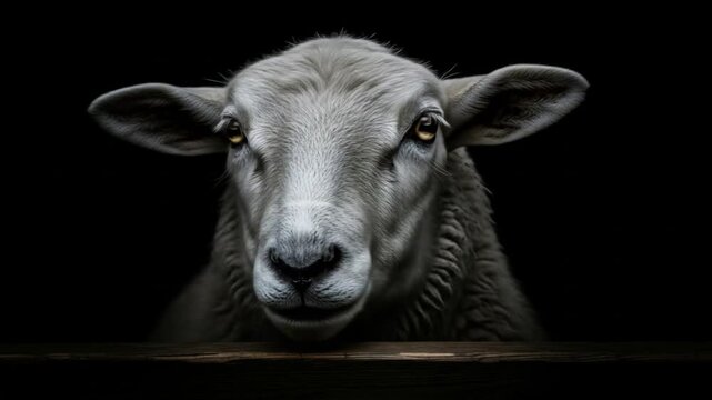 Intimate views of a curious sheep's eyes and woolly coat peeking from darkness