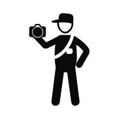 Silhouette of a young photographer holding a camera and wearing a cap in a minimalist style