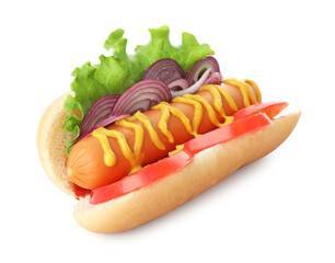 Tasty hot dog with tomato, lettuce, onion, ketchup and mustard isolated on white