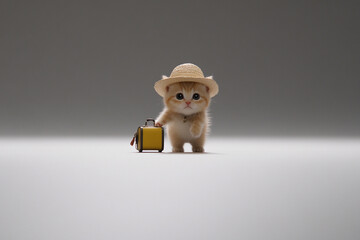 Fototapeta premium Cute cat in a tiny hat travels with a miniature suitcase