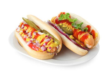 Tasty hot dogs with vegetables, mustard and ketchup isolated on white