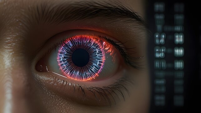 Close up of a human eye with a futuristic glowing digital iris and data stream