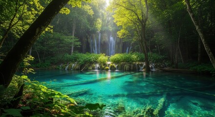 Fototapeta premium Serene Jungle Oasis with Crystal Clear Turquoise Water and Cascading Waterfall